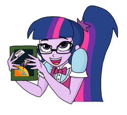 Size: 1060x960 | Tagged: safe, artist:iyoungsavage, imported from derpibooru, sci-twi, twilight sparkle, equestria girls, book, clothes, comic, comic book, female, glasses, open mouth, ponytail, simple background, smiling, solo, talking, transparent background