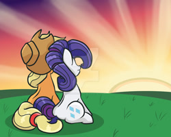 Size: 1024x819 | Tagged: safe, artist:yoshimarsart, imported from derpibooru, applejack, rarity, pony, female, lesbian, rarijack, shipping, sitting, sunset, watermark