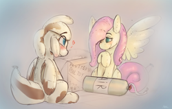 Size: 2351x1491 | Tagged: safe, artist:memorynumber, imported from derpibooru, fluttershy, oc, oc:milk dud, pony, air tank, blushing, eye contact, heart, inflatable, inflation, looking at each other, pool toy, sitting, toy