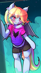 Size: 1900x3333 | Tagged: safe, artist:hoodie, imported from derpibooru, rainbow dash, bat pony, pony, semi-anthro, bat ponified, bipedal, blushing, clothes, cloud, fangs, female, hoodie, leaning, looking at you, mare, night, off shoulder, race swap, shorts, solo, wide hips