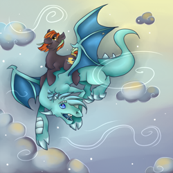 Size: 1110x1110 | Tagged: safe, artist:chromaflow, imported from derpibooru, oc, oc only, oc:brim snow, dragon, earth pony, pony, male, ponies riding dragons, riding, stallion