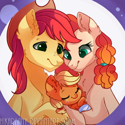 Size: 900x900 | Tagged: safe, artist:hikariviny, imported from derpibooru, applejack, bright mac, pear butter, earth pony, pony, the perfect pear, baby, baby pony, babyjack, brightbutter, cowboy hat, cute, family, female, foal, freckles, hat, jackabetes, male, mare, shipping, sleeping, stallion, stetson, straight