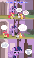 Size: 1280x2168 | Tagged: safe, artist:hakunohamikage, imported from derpibooru, apple bloom, scootaloo, sweetie belle, twilight sparkle, alicorn, pony, ask-princesssparkle, ask, askpinytwilight, burned, cast, comic, cutie mark crusaders, running, this will end in tears and/or death and/or covered in tree sap, tree sap and pine needles, tumblr, twilight sparkle (alicorn), unamused