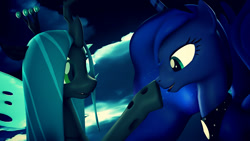 Size: 1200x675 | Tagged: safe, artist:loveslove, imported from derpibooru, princess luna, queen chrysalis, alicorn, changeling, changeling queen, pony, 3d, boop, female, implied lesbian, smiling