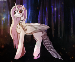 Size: 3744x3102 | Tagged: safe, artist:asika-aida, imported from derpibooru, oc, oc only, oc:inkheart, alicorn, pony, alicorn oc, commission, female, forest, looking back, mare, scenery, solo