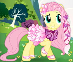 Size: 351x297 | Tagged: safe, imported from derpibooru, fluttershy, pegasus, pony, braid, clothes, dress, dress up who, dressupwho, female, flower, flower in hair, fynsy, mare, outdoors, solo