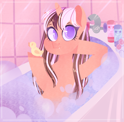 Size: 2128x2096 | Tagged: safe, artist:queennutti, imported from derpibooru, oc, oc only, pony, unicorn, bath, bathtub, bubble bath, female, looking at you, rubber duck, ych result