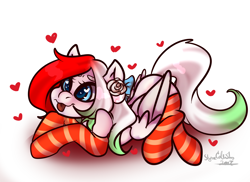 Size: 1828x1332 | Tagged: safe, artist:slynecallisto, imported from derpibooru, oc, oc only, pegasus, pony, clothes, female, flower, flower in hair, heart, heart eyes, simple background, socks, solo, striped socks, tongue out, white background, wingding eyes