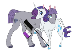 Size: 2382x1587 | Tagged: safe, artist:xenalollie, imported from derpibooru, maud pie, rarity, pony, asexual, asexual pride flag, curved horn, female, flag, lesbian, pride, pride month, rarimaud, shipping, simple background, transparent background, wrong cutie mark