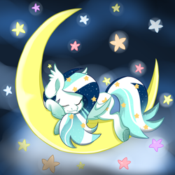 Size: 2000x2000 | Tagged: safe, artist:thelittleone, imported from derpibooru, oc, oc only, oc:wistful galaxy, bat pony, pony, crescent moon, cute, ethereal mane, female, moon, multicolored hair, nap, sleeping, solo, starry mane, stars, tangible heavenly object, transparent moon, ych result