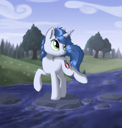 Size: 1400x1470 | Tagged: safe, artist:sirzi, imported from derpibooru, oc, oc only, oc:positivity, pony, unicorn, female, outdoors, river, solo, tree