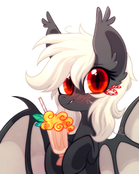 Size: 1788x2236 | Tagged: safe, artist:mirtash, imported from derpibooru, oc, oc only, oc:dusty fang, bat pony, pony, blushing, cute, food, lip bite, mango, rcf community, simple background, smoothie