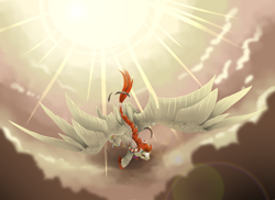 Size: 3956x2887 | Tagged: safe, artist:taiga-blackfield, imported from derpibooru, oc, oc only, dracony, hybrid, pony, cloud, flying, large wings, male, solo, spread wings, sun, wings