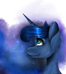 Size: 651x731 | Tagged: safe, artist:shinebluedraws, imported from derpibooru, princess luna, pony, bust, female, looking up, portrait, smiling, solo