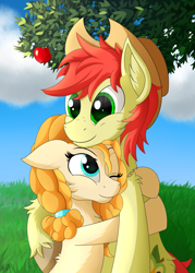 Size: 2000x2800 | Tagged: safe, artist:orangejuicerus, imported from derpibooru, bright mac, pear butter, pony, the perfect pear, brightbutter, cowboy hat, cute, hat, hug, pearabetes, smiling, stetson, tree