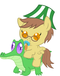 Size: 886x1117 | Tagged: safe, artist:red4567, imported from derpibooru, gummy, oc, oc:alejandro valverde, oc:ferb fletcher, oc:wallonia, pony, baby, baby pony, cute, lampshade, ocbetes, pacifier, ponies riding gators, riding, simple background, white background