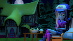 Size: 3840x2160 | Tagged: safe, artist:dj-chopin, imported from derpibooru, princess luna, equestria girls, legend of everfree, 3d, clothes, cookie, cupcake, dessert, female, food, full moon, moon, night, ponyville, shorts, solo, table, vice principal luna