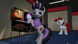 Size: 1920x1080 | Tagged: safe, artist:starhedgehog, imported from derpibooru, oc, oc only, oc:magna-save, oc:tilt arcade, pony, unicorn, 3d, bipedal, bipedal leaning, female, leaning, looking at you, pinball, pinball machine, source filmmaker