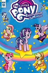 Size: 1054x1600 | Tagged: safe, artist:marybellamy, idw, imported from derpibooru, applejack, fluttershy, pinkie pie, rainbow dash, rarity, starlight glimmer, twilight sparkle, alicorn, earth pony, pegasus, pony, unicorn, spoiler:comic, spoiler:comic56, bipedal, cover, mane six, misleading, rainbow, spread wings, stars, twilight sparkle (alicorn), wings