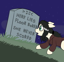 Size: 992x960 | Tagged: safe, artist:scraggleman, imported from derpibooru, oc, oc only, oc:floor bored, earth pony, pony, beavis and butthead, clothes, gravestone, he never scored, hoodie, parody, solo, stars