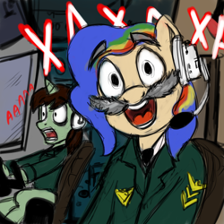 Size: 540x540 | Tagged: safe, artist:genrihvolf, imported from derpibooru, oc, pony, facial hair, laughing, moustache, parody, pilot, plane, ponified, russian