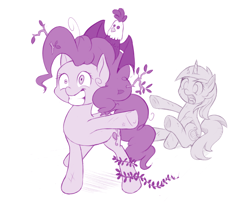 Size: 1000x808 | Tagged: safe, artist:dstears, imported from derpibooru, lyra heartstrings, pinkie pie, cockatrice, earth pony, pony, unicorn, rock solid friendship, bad end, duo, faic, female, grin, insanity, mare, mismatched eyes, monochrome, petrification, simple background, smiling, statue, trio, white background