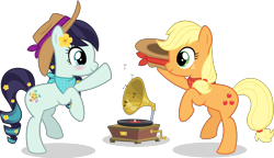 Size: 9336x5361 | Tagged: safe, artist:jhayarr23, imported from derpibooru, applejack, coloratura, earth pony, pony, absurd resolution, cute, dancing, duo, female, lesbian, looking at each other, mare, rarajack, shipping, simple background, smiling, transparent background