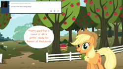 Size: 1280x720 | Tagged: safe, artist:hakunohamikage, imported from derpibooru, applejack, pony, ask-princesssparkle, apple tree, ask, female, solo, sweet apple acres, tree, tumblr