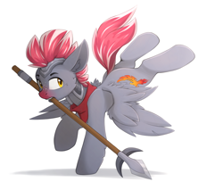 Size: 1800x1466 | Tagged: safe, artist:n_thing, artist:queenbloodysky, imported from derpibooru, oc, oc only, pegasus, pony, armor, helmet, male, mouth hold, solo, spear, spread wings, stallion, weapon, wings