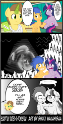 Size: 1682x3319 | Tagged: safe, artist:shujiwakahisaa, imported from derpibooru, doctor horse, doctor stable, flash sentry, twilight sparkle, alicorn, alien, pony, xenomorph, comic:the magic of pregnancy, alien (franchise), bait and switch, chestburster, comic, female, flashlight, magic, male, pointy ponies, pregnant, shipping, straight, twilight sparkle (alicorn), ultrasound