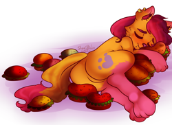 Size: 1828x1332 | Tagged: safe, artist:slynecallisto, imported from derpibooru, oc, oc only, pony, burger, food, hamburger, sleeping, snuggling, solo