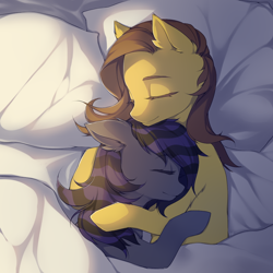 Size: 1000x1000 | Tagged: safe, artist:pak_lin_min, imported from derpibooru, oc, oc only, oc:radiant star, oc:rune riddle, pony, bed, couple, cuddling, female, hug, male, mare, runestar, sleeping, smiling, snuggling, stallion, ych result