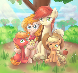 Size: 1496x1400 | Tagged: safe, artist:tcn1205, imported from derpibooru, apple bloom, applejack, big macintosh, bright mac, pear butter, earth pony, pony, season 7, the perfect pear, adorabloom, apple, apple family, apple tree, applejack's parents, baby, baby apple bloom, baby pony, brightbutter, colt, cute, family, female, filly, hat, hug, jackabetes, male, mare, one eye closed, shipping, sitting, stallion, straight, tree