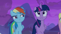 Size: 685x385 | Tagged: safe, imported from derpibooru, screencap, fluttershy, rainbow dash, twilight sparkle, alicorn, pegasus, pony, not asking for trouble, animated, female, flying, gif, lidded eyes, looking at each other, nodding, rainbow trail, smiling, spread wings, twilight sparkle (alicorn), wings