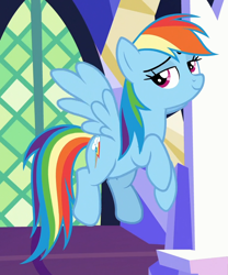 Size: 750x900 | Tagged: safe, imported from derpibooru, screencap, rainbow dash, pegasus, pony, not asking for trouble, cropped, eyeroll, female, flying, lidded eyes, mare, smiling, smug, solo