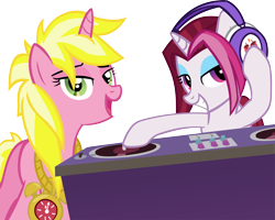 Size: 4590x3676 | Tagged: safe, artist:ironm17, imported from derpibooru, cayenne, sunshine smiles, earth pony, pony, unicorn, testing testing 1-2-3, absurd resolution, bedroom eyes, clock, djing, duo, duo female, female, grin, headset, hip hop, mare, mixer, rapper, rapping, simple background, smiling, transparent background, turntable, vector