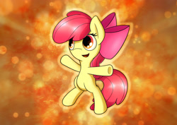 Size: 3508x2480 | Tagged: safe, artist:conniethecasanova, artist:flamevulture17, edit, imported from derpibooru, apple bloom, pony, adorabloom, bipedal, bow, cute, female, hair bow, high res, red hair, red tail, smiling, solo, wallpaper, wallpaper edit