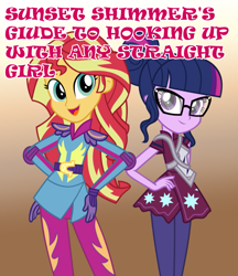 Size: 885x1024 | Tagged: safe, edit, edited screencap, imported from derpibooru, screencap, sci-twi, sunset shimmer, twilight sparkle, equestria girls, friendship games, book cover, female, lesbian, parody, scitwishimmer, shipping, sunsetsparkle