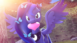 Size: 1200x675 | Tagged: safe, artist:loveslove, imported from derpibooru, princess luna, alicorn, butterfly, pony, 3d, cute, female, forest, heart, jewelry, looking at you, lunabetes, mare, mouth hold, regalia, solo, source filmmaker, spread wings, tree, wings