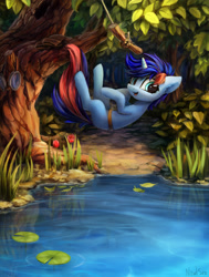 Size: 1500x1987 | Tagged: safe, artist:inowiseei, imported from derpibooru, oc, oc only, oc:ryo, pony, unicorn, chest fluff, commission, cute, ear fluff, female, fluffy, goggles, happy, jumping, leaf, leg fluff, lilypad, looking back, looking down, mare, nature, ocbetes, open mouth, pond, scenery, shoulder fluff, smiling, solo, swing, tree, water, ych result