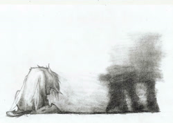 Size: 2705x1921 | Tagged: safe, artist:thatonegib, imported from derpibooru, oc, oc only, oc:gib, changeling, changeling oc, defeated, depressed, despair, grayscale, looking down, monochrome, pencil drawing, ponysona, sad, shadow, sitting, solo, traditional art