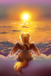 Size: 1000x1500 | Tagged: safe, artist:confetticakez, imported from derpibooru, derpy hooves, pegasus, pony, backlighting, cloud, female, mare, rear view, sitting, solo, spread wings, sunset, twilight (astronomy), wings