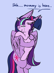 Size: 2483x3356 | Tagged: safe, artist:duop-qoub, imported from derpibooru, starlight glimmer, twilight sparkle, alicorn, pony, unicorn, adopted, adopted offspring, adoption, alternate universe, bipedal, blue background, comforting, crying, cute, daaaaaaaaaaaw, dialogue, duo, eyes closed, female, filly, filly starlight glimmer, floppy ears, glimmerbetes, glimmerdoption, holding a pony, hug, mama twilight, mare, mother, mother and daughter, simple background, smiling, tears of joy, this will end in timeline distortion, twilight sparkle (alicorn), younger