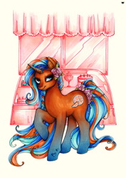 Size: 707x1000 | Tagged: safe, artist:madblackie, imported from derpibooru, oc, oc only, oc:orange sorbet, pony, flower, solo, traditional art