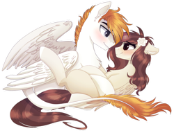 Size: 1024x786 | Tagged: safe, artist:kirionek, deleted from derpibooru, imported from derpibooru, oc, oc only, oc:julsia, pegasus, pony, duo, female, flower, flower in hair, leonine tail, looking at each other, male, mare, stallion, straight