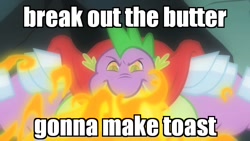Size: 640x360 | Tagged: safe, edit, edited screencap, imported from derpibooru, screencap, spike, dragon, a dog and pony show, armor, beefspike, cape, clothes, crash bandicoot, crash bandicoot (series), crash bandicoot warped, crash bandicoot: warped, dingodile, fire, fire breath, glare, image macro, male, meme, open mouth, solo