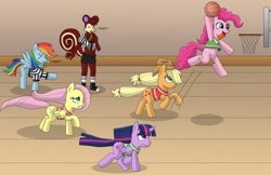 Size: 1110x720 | Tagged: safe, artist:gameboysage, imported from derpibooru, applejack, fluttershy, pinkie pie, rainbow dash, twilight sparkle, twilight sparkle (alicorn), alicorn, anthro, ><, animal crossing, basketball, bikini, blowing, clothes, commission, converse, daisy dukes, eyes closed, jersey, mouth hold, pecan the squirrel, puffy cheeks, referee, shoes, shorts, socks, sports, whistle, whistle necklace