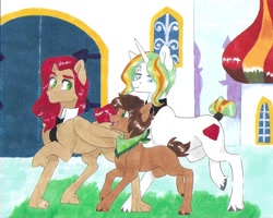 Size: 794x636 | Tagged: safe, artist:frozensoulpony, imported from derpibooru, oc, oc only, oc:bramley apple, oc:jasper wish, oc:sage leaf, earth pony, pegasus, pony, unicorn, adopted offspring, female, male, mare, offspring, parent:applejack, parent:big macintosh, parent:fluttershy, parent:jet set, parent:rarity, parents:applejet, parents:fluttermac, stallion, traditional art