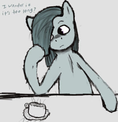 Size: 968x1000 | Tagged: safe, artist:crook3dsmile, imported from derpibooru, marble pie, pony, coffee mug, female, gray background, mare, mug, pondering, simple background, solo