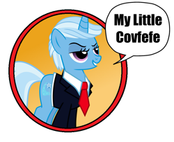 Size: 1217x1000 | Tagged: safe, artist:limedazzle, edit, imported from derpibooru, trixie, pony, unicorn, alternate hairstyle, clothes, covfefe, donald trump, exploitable meme, female, grin, image macro, lidded eyes, mare, meme, mouthpiece, my little x, necktie, politics, show accurate, simple background, smiling, smirk, solo, suit, white background